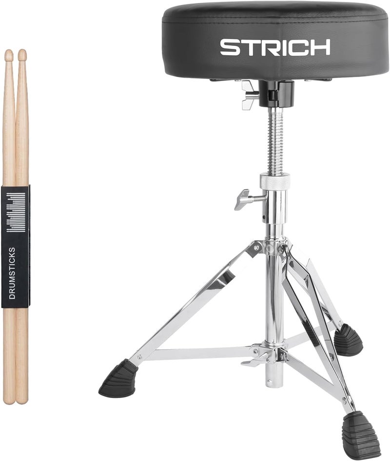 STRICH Drum Throne, Height Adjustable Padded Seat Drum Stool, Heavy Duty Swivel Drum Chair, Double Braced Padded Stool with 5A Drumsticks, SDB-20 - Image 1